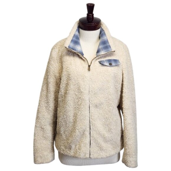 Pendleton Hi-Pile Fuzzy Sherpa Full Zip Fleece Jacket Ivory, Plaid Trim Women XL - Picture 1 of 12